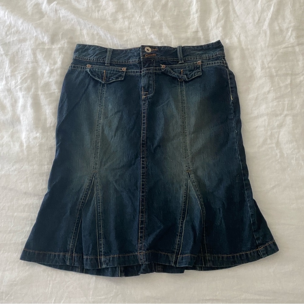 Vintage Y2K dark wash low rise denim midi skirt